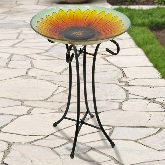 NIB 17” Bird Bath & Stand Large Orange & Yellow Sunflower - Picture 3 of 6